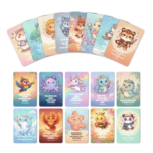Detailed spread of eighteen unique animal warrior affirmation cards for kids motivation
