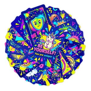 Close-up of vibrant waterproof PVC stickers with motivational quotes and colorful cartoon icons