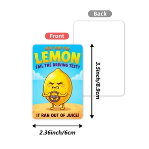 36 pack of colorful lunchbox joke cards with cute lemon car illustration and dimensions