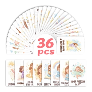 Close-up of 36 watercolor affirmation cards with warm hand-drawn illustrations and quotes
