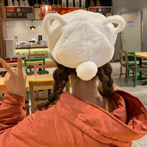 Women's Sweet Plush Beret Hat With Rabbit Ears Cute Cartoon Winter Warm Faux Fur Artist Cap Daily Outdoor Fashion Accessories