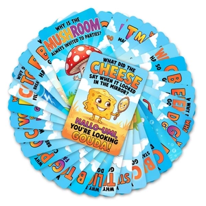 Set of 36 colorful lunch box joke cards with funny puns and cute cartoon illustrations