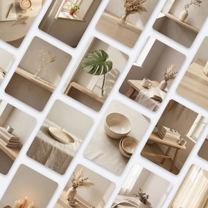 Griglia dettagliata di cartoline wabi-sabi con estetica minimalista in ceramica e legno
