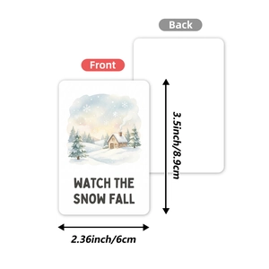Detail view of 3.5x2.36 inch watercolor card showing snowy cabin front and white back