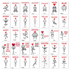 Detailed grid of 35 minimalist hand-drawn cartoon couple cards with humorous English puns