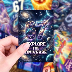 Macro shot of 67 Explore the Universe creative greeting card with galaxy star patterns