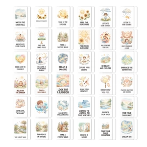 Flat lay of 36 watercolor mindfulness cards with soft nature scenes and healing quotes