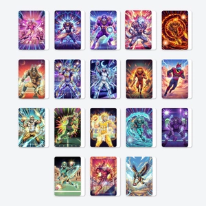 Set of 18 fantasy themed football cards with creative illustrations and vibrant colors