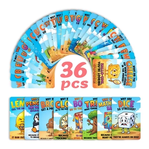 Detailed collection of 36 colorful lunchbox joke cards with cute cartoon illustrations