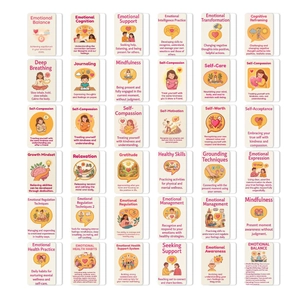 Vista piatta di 36 carte di consapevolezza con illustrazioni pastello per il benessere