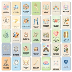 Detailed grid view of 35 watercolor affirmation cards with inspirational quotes
