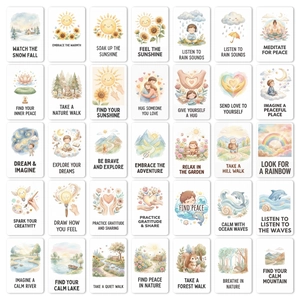 Grid layout of 35 watercolor mindfulness cards with healing illustrations and text