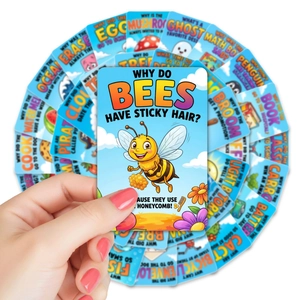 Detailed close-up of educational lunch box cards with colorful puns and joke illustrations