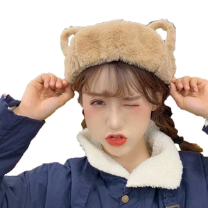 Cute white plush beret hat with bunny ears for women, cozy winter fluffy cartoon headwear