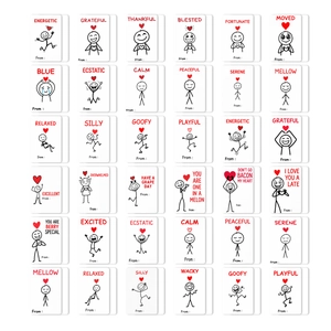 Detail view of 36 humorous stick figure cards with emotional quotes in a grid layout