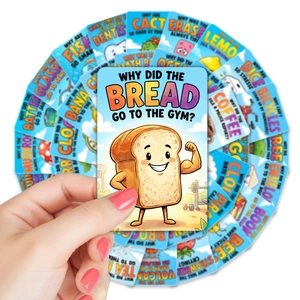 Close-up of kids lunchbox joke cards featuring colorful cartoon illustrations and puns