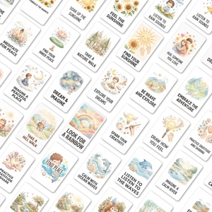 Detail of watercolor mindfulness cards with soft pastel colors and positive quotes