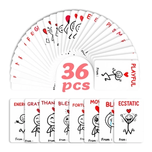 Set of 36 minimalist stick figure humor cards with emotional expressions and red hearts