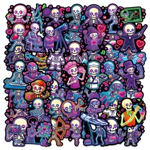 Neon Skeleton Stickers Purple Aesthetic Cartoon Skull Stickers For Laptop Water Bottle Skateboard Gothic Heart Decoration Stickers
