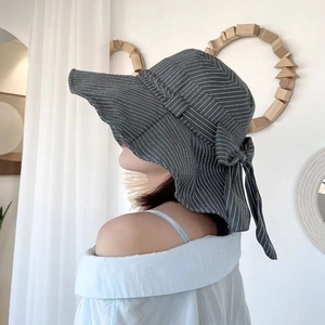 Women Fashion Vertical Stripe Sun Hat With Decorative Bow Wide Brim Fisherman Bucket Hat For Summer Outdoor Beach Travel