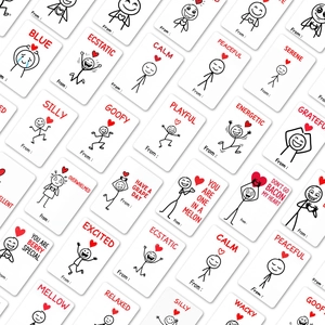 Flat lay of minimalist emotion cards with humorous line art and mood text in red and black