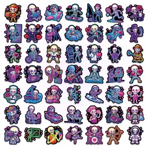 Set of 49 neon purple cartoon skull stickers with creative assorted character designs