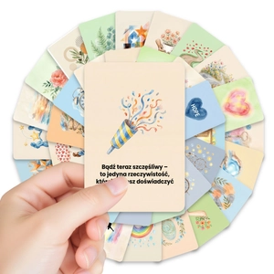 Detail of hand-held watercolor affirmation cards with Polish text and hope themes