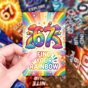 Artistic motivational 67 rainbow card featuring Find Your Rainbow slogan for friends