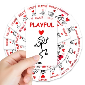 Close-up of minimalist emotion cards with playful stick figures and red heart details