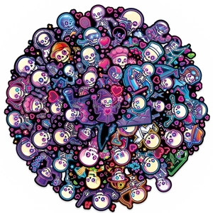 Neon skull stickers pack featuring purple gothic heart and spooky cartoon characters stickers