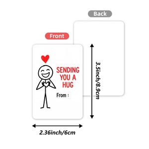 Front and back detail of minimalist white hug card with red heart and size specs