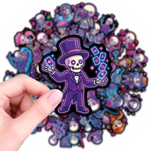 Neon skull stickers pack featuring a cute magician skeleton with purple hat and cards