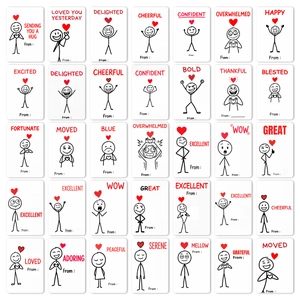 Flat lay of minimalist stick figure couple cards with various emotional expressions