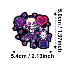 50pcs neon skeleton heart stickers featuring a pink cheerleader skull with a white bunny