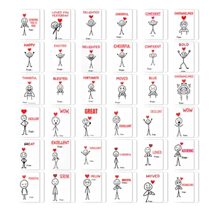 Detailed grid of 36 stickman emotion cards with hearts and handwritten fields