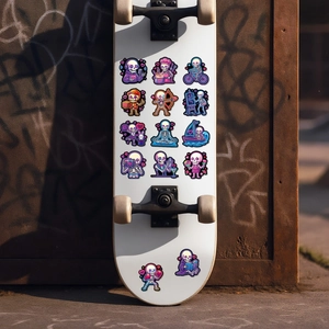 Detailed view of neon skull stickers with creative cartoon themes on a white skateboard