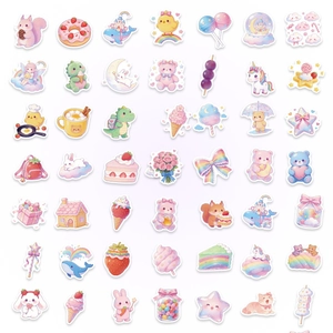 Close-up of 56 pink candy stickers featuring cute animals and desserts for planners