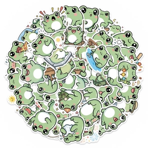 Gedetailleerde weergave van schattige groene kikker cartoon stickers voor plakboeken