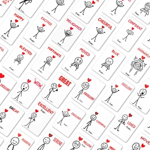 Detail of minimalist couple emotion cards with hand-drawn line art and red heart motifs