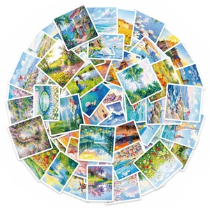 Set of 56 aesthetic impressionist oil painting stickers featuring landscapes and flowers