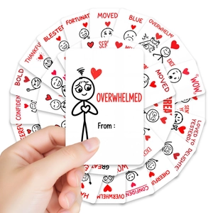 Detail of minimalist emotional expression cards featuring hand-drawn figures and bold text