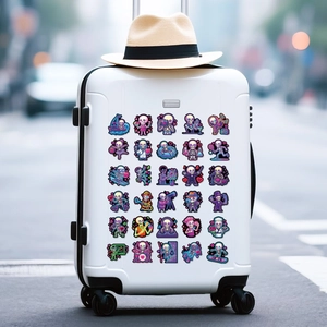 Neon skull stickers in purple hues applied on a white suitcase in a travel scene