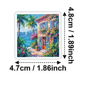Mediterranean coastal oil painting sticker with pink flowers and sea view, 4.7x4.8cm