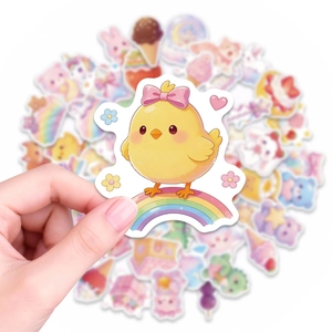 Cute pink candy style sticker pack with yellow chick on rainbow for journals and laptops