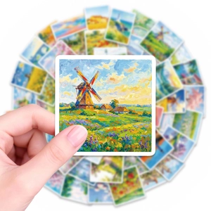 56-piece impressionist landscape oil painting stickers featuring windmill and nature themes
