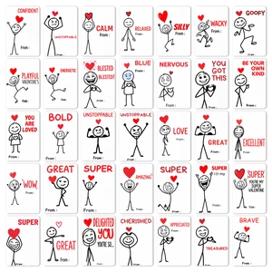 Grid view of 35 minimalist stick figure greeting cards with red hearts and positive quotes