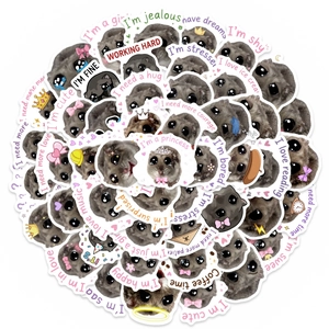 Detailed view of waterproof hamster mood stickers with English phrases on white background