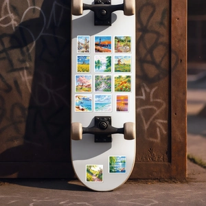Artistic oil painting landscape stickers showing lighthouse and flower fields on a skateboard