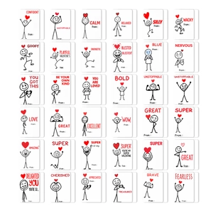 Macro layout of 36 minimalist stick figure love cards with motivational quotes
