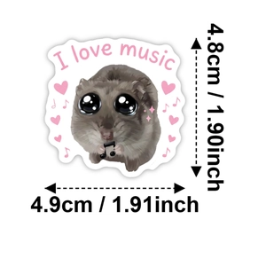 Detail of a cute hamster sticker holding music notes with 4.8cm height measurement